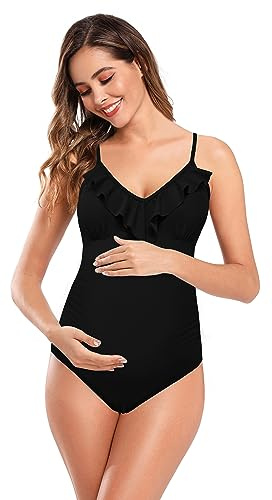 SHEKINI Maternity Einteiliger Badeanzug Damen Rüschen Bandeau Ruched Verstellbarer Bikini Grosse Grössen Umstandsbadeanzug Einteiliger Bikini Schwangerschaft(M,Schwarz)
