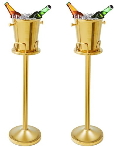 Lallisa Eiskübel mit Ständer mit Tragegriff, Sektkübel mit Ständer Edelstahl Eimer Champagnerhalter für Party Stehend Weineimer Chiller für Bier Bar Hochzeit (Gold, 2)