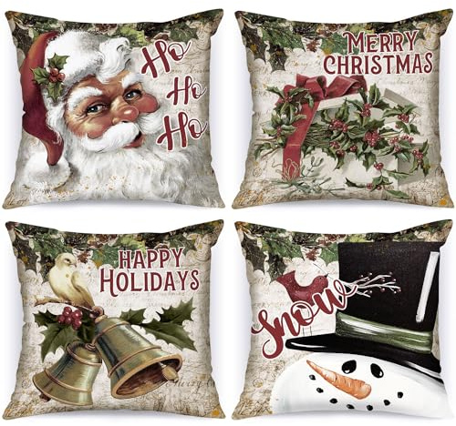 Lanpn 4 Stück Vintage Kissenbezug Weihnachten Kissenhülle 40x40 cm, Retro Rustikal Weihnachtsmann Schneemann Dekorative Weihnachtskissen 40 x 40 für Weihnachtsdeko Christmas Bettwäsche Sofa Decoration