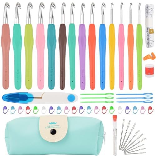 Moseem Häkelnadel Set 54 Stück, 14 Größe Häkelset von 2 mm bis 10 mm für Anfänger mit Häkel Zubehör,Ergonomische Häkelnadeln Soft Gummi Häckelnadel Crochet Set, Häkelnadeln Set mit Tragbaren Fall