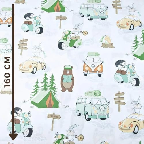 Textrend Baumwollstoff Meterware - Stoff zum Nähen - 100% Baumwolle - Textilien 1x1.6m - Kinderstoffe - Fahrzeuge (Camping orange und grün auf weißem Hintergrund)