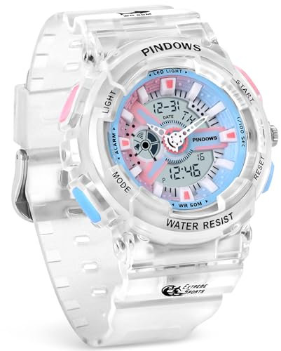 PINIDOUS Montre pour Femmes Montre pour Adolescents étudiants Outdoor Waterproof Montres de Sport Analogiques Numériques avec Chronomètre,Alarme,Compte à Rebours,Rétroéclairage 7 Couleurs