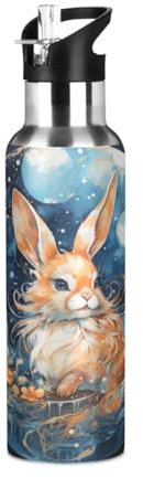 Niigeu Bébé Lapin Artistique Bouteille d'eau Isotherme avec Paille en Acier Inoxydable Gourde, Sans BPA Gourdes Eau pour Enfant Sport Randonnée École Bureau (600ml/1L)