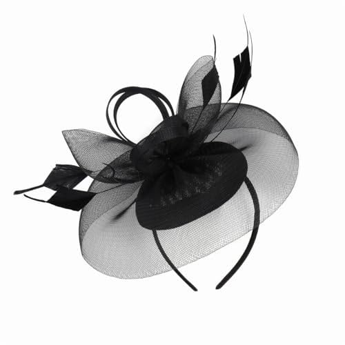 HIQIU Fascinators Hut Damen Blume Mesh Federn Tüll Bräute Kopfschmuck Haarschmuck mit Stirnband und Clip für Tea Party Hochzeit Kirche (DE/NL/SE/PL, Alphanumerisch, Einheitsgröße, Schwarz)