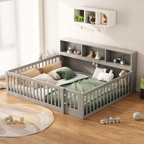 Dolamaní Kinder Bodenbett 140x200 cm mit mit Höhe 50 cm Rausfallschutz Sicherheit und Tür, Kinderbett Bodentief Bettseite mit Staufach, Kiefern Holz Bett mit Lattenrost (Ohne Matratze), Grau