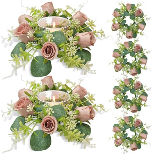 OrgMemory 6Pcs Candle Rings, Artificial Eucalyptus Leaves Wreath, Pillar Candle Holder for Wedding Home Door Tabletop Decoration, Small Candle Rings Wreaths(Dusty Rose)