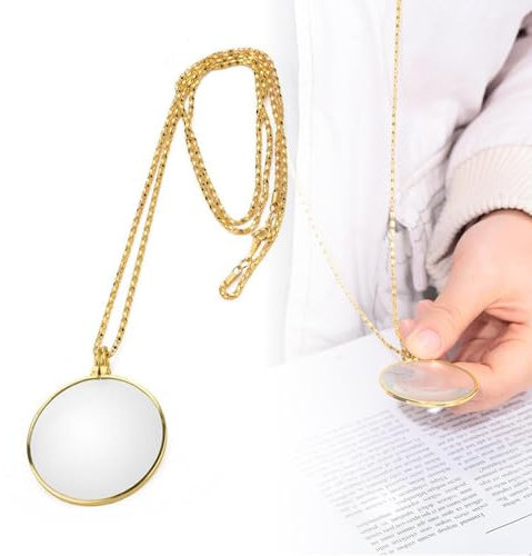 Monokel Lupe,Kleine Mini Monocle Magnifying Glass Necklace,5X Metall Brille mit Halskette,Glaslinse Monocle Anhänger Halskette für Büchern Zeitungen,Einschlaglupe zum Umhängen,Halskettenlupe (Gold)