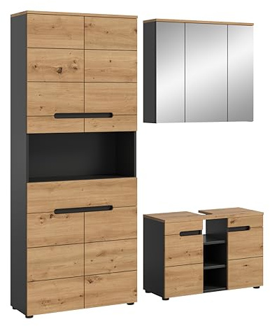 xonox.home Badezimmer Canu 3tlg. Kombination Badmöbel Set kleine Bäder Komplettprogramm Bademöbel-Set in Front + Absetzung Artisan Eiche Nb., Korpus Basalt grau Nb.