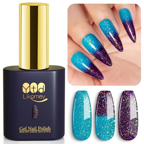 YTD Likomey Iridescent Flakes Color Changing Gel Nail Polish,Thermal 15ml Dual-Tone Turquoise Blue to Deep Purple Sparkly Glitter Temperature Mood Ombre Gradient UV Nail Gel,WB505