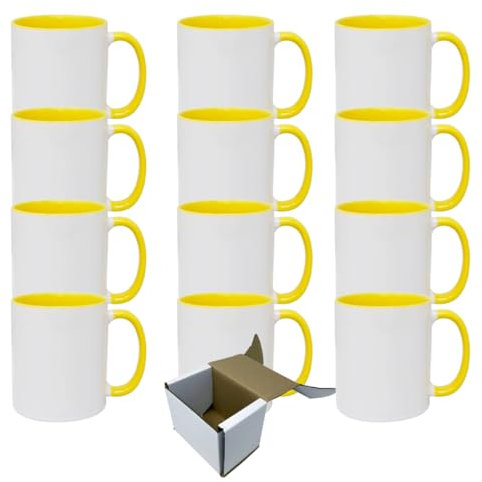 GAFFCO Sublimation Mugs 12 Pack 11oz Ceramic Yellow Inner Handle Mugs with Gift Boxes