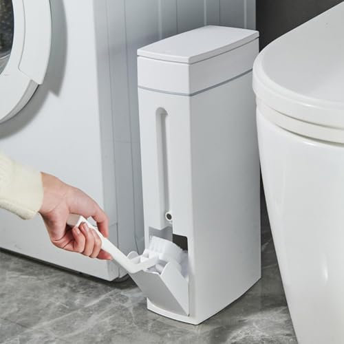HIKENRI 4.5L Bathroom Bin with Lid, White Plastic Bin with Toilet Brush, Rectangular, Smooth Finish, 1 Count