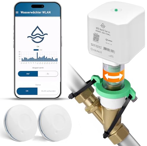 Wassermelder WLAN mit Abschaltung Hauptventil bei Alarm, LeakAlert 360, für Schrägventile, DIY-Installation ohne Klempner, Laute 50dB Alarm, 1 Funk-Wassersensor, erweiterbar