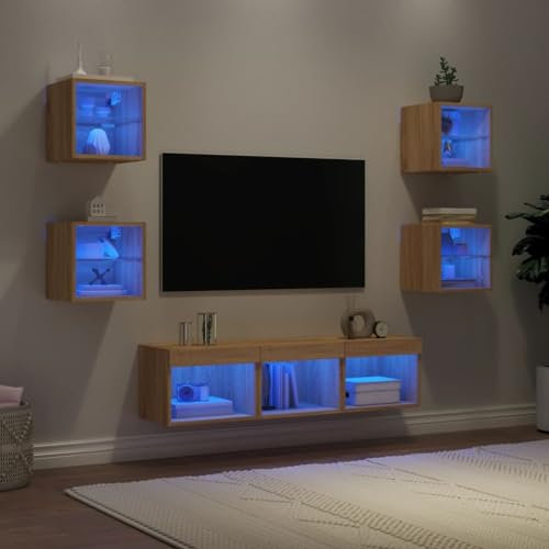 UTSRABFA 7-TLG. Wohnwand mit LED-Beleuchtung Sonoma-Eiche Holzwerkstoff Tv Cabinet for Living Room Tv Schrank Tv Board Wohnzimmer Schrank für Eingang Esszimmer Arbeitszimmer Schlafzimmer