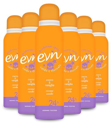 EVIN | Damen-Deodorant Spray Kokosnuss und Vanille, warmer und blumiger Duft, aktive Formel für 24 Stunden, 6 x 150 ml