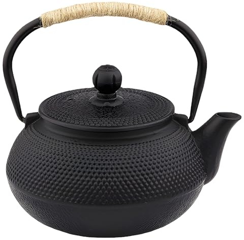 Japanische 600 Ml Gusseisen Tetsubin Teekanne, Kochplatte Teekessel mit Infuser, Elegantes Schwarz mit Seil verpackt Griff