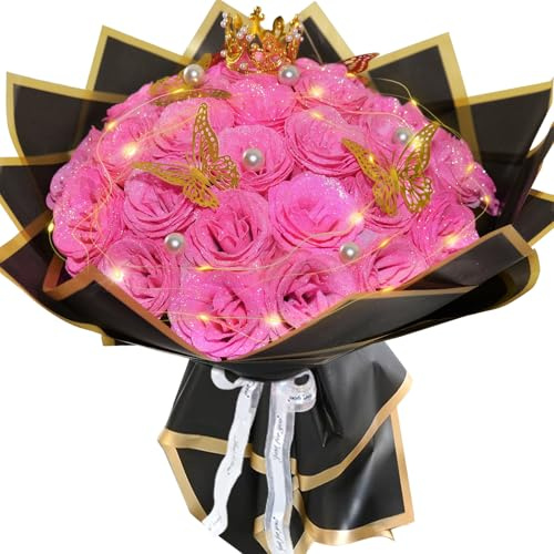 suryushi Pink Glitter Roses Bouquet, 24 Pcs Shiny Glitter Flowers Bouquet, Everlasting DIY Artificial Roses Bouquet for Christmas, Birthday, Anniversary, Wedding, Engagement