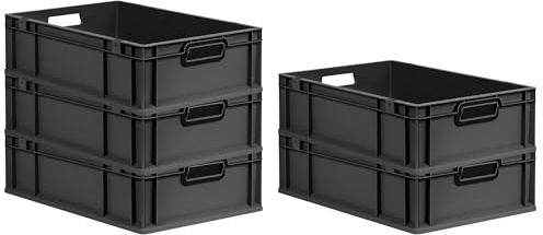 PROREGAL SuperSparSet 5x Eurobox NextGen Color | HxBxT 17x40x60cm | 34 Liter | Griffe schwarz offen | Glatter Boden | Schwarz | Eurobehälter, Transportbox, Transportbehälter, Stapelbehälter