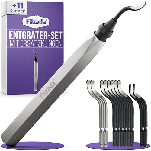Filzada® Entgrater Metall + 11 Edelstahl Klingen - Handentgrater Metall | Deburring Tool für Metall, Kunststoff - Entgratungswerkzeug 360° Kopf - rostbeständige Wechselklingen - 3D Druck Werkzeug