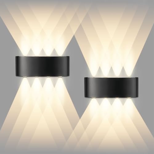Lot de 2 Applique Murale LED Noir 8W,3000K Intérieur Exterieur Murale,IP65 | Lampe Blanche Chaude Murales, Moderne Carré Up Down en Aluminium pour Chambre, Salon, Hôtel