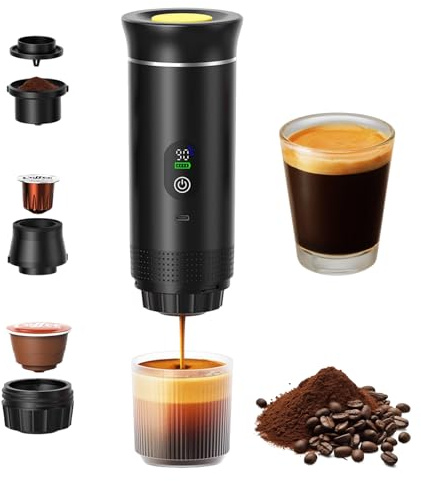 Jenmayt Cafetera Espresso Portátil,3 en 1 Mini Cafetera,Compatible con Cápsulas y Café Molido,20bar,12V,Máquina de Café Eléctrica,con Pantalla LCD,para camping, viajes, oficina