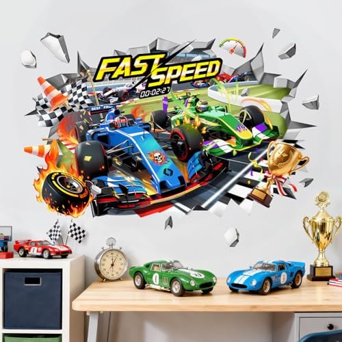 Supzone Wandtattoo 3D Autos Groß Wandsticker Rennwagen Lastkraftwagen Wandaufkleber Kinderzimmer Junge Babyzimmer Spielzimmer Wanddeko