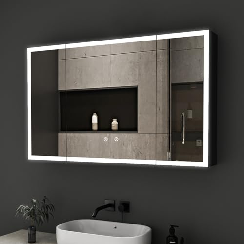Boromal 3 Türen Spiegelschrank Bad mit Beleuchtung 100 x 60 x 13,5 cm Schwarz Badezimmer Spiegelschrank mit Beleuchtung Metall Badezimmerschrank mit Dimmbar, Beschlagfrei, Stecker