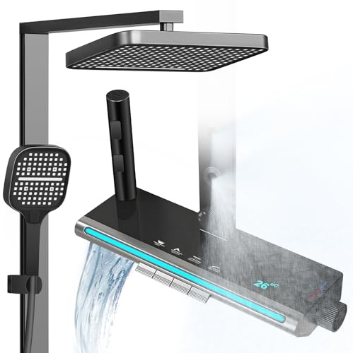 Duschsystem Schwarz mit Temperatur LED-Display, Duscharmatur Komplettset | inkl. LED-Beleuchtung,32 X 22 CM Kopfbrause und Duscharmatur mit 3 Funktion Handbrause, 4*Rückenspray, 1.5m Brauseschlauch