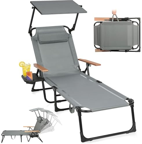 AlpineAura Sonnenliege klappbar mit Dach & 4-Fach Verstellbare Rückenlehne, Gartenliege mit Kopfkissen bis 150 kg, Tragbar Strandliege Liegestuhl, Campingliege für Pool, Strand (Grau mit Dach)