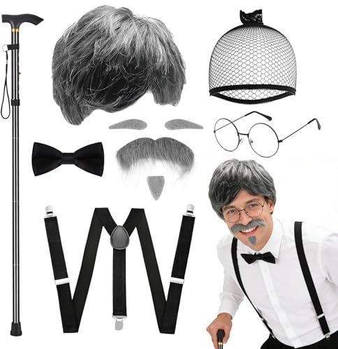 10 Stück Opa Kostüm Set, Großvater Verkleidung mit Grauer Perücke, Bart, Augenbrauen, Brille, Aufblasbarem Spazierstock, Schleife, Haarnetz - Rentner Kostüm für Karneval, Halloween, Cosplay Party