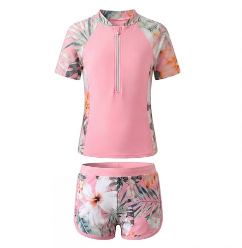 Keyck Girls Swimming Costume Two Piece Swimsuit Rash Guard 9-10 Years, Pink