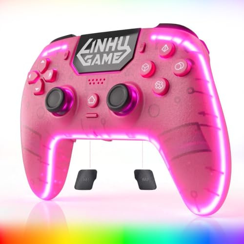 linhugame Controller wireless per P5/Pro/Slim/PC, con guscio trasparente/luce nastro RGB/Joyticks effetto Hall e trigger/Macro/Turbo/jack audio da 3,5 mm/altoparlante e microfono/gamepad batteria