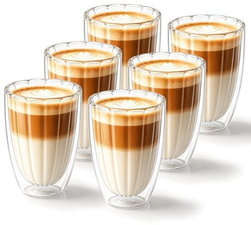 twoant 350ml Längsstreifen Latte Macchiato Gläser Doppelwandig 6er Pack Cappuccino kaffeegläser Thermogläser Matcha Latte Glas aus Borosilikatglas