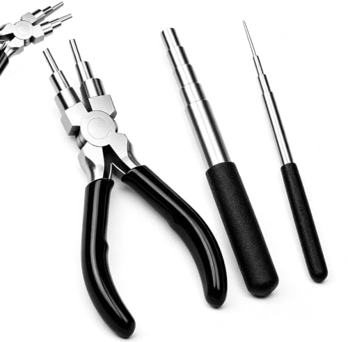 KIPTVO Wire Wrapping Tool Set, 3PCS Jewellery Making Supplies with 2PCS Mandrels (1.5-10mm) & 6-in-1 Wire Looping Pliers, Ring Bender & Jump Ring Forming Tool Kit for DIY Jewelry, Crafting