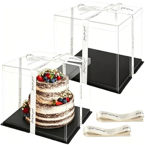 Otauoaea 2Stk Tortenbox Transparente 30x30x25CM,Geschenkbox Durchsichtig für Kuchen,Tortenschachtel Hoch,Wiederverwendbar Tortentransportbox mit Schwarz Sockel und Band,Cake Box für Geburtstag Gebäck