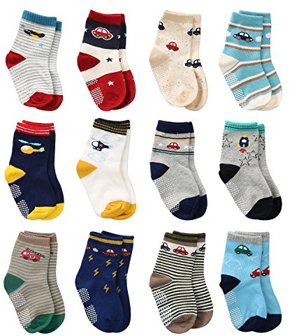 Wobon 12 Pairs Baby Socks for Boys Cotton Socks Non Skid Grip Socks, Toddler Boy Anti Slip Ankle Socks for Kids Boys