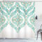 ABAKUHAUS Traditionell Duschvorhang, Vintage Blumen Boho, Stoffliches Gewebe Badezimmerdekorationsset mit Haken, 175 x 220 cm, Grün Tan