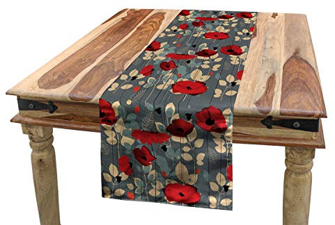 ABAKUHAUS Mohn Tischläufer, Moderne Blumengarten, Esszimmer Küche Rechteckiger Dekorativer Tischläufer, 40 x 225 cm, Beige Grau Rot