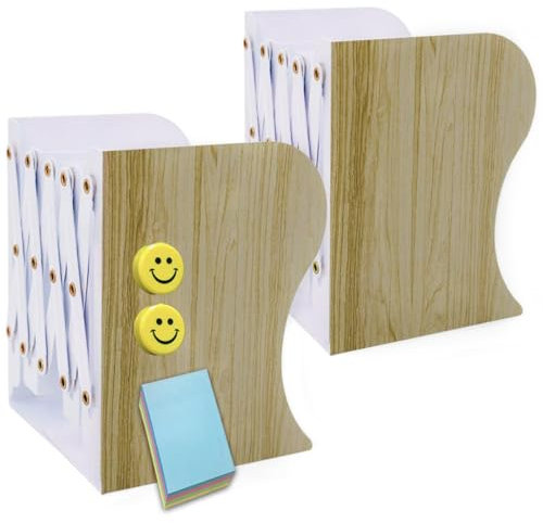 Qualsen Serre-Livres en métal réglable en Fer pour la Maison, Le Bureau, l'école, la bibliothèque (Imitation Bois-2, Medium)