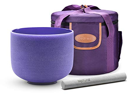 TOPFUND 432Hz Violet A# Note Crystal Singing Bowl Pineal Chakra 8 inch with Heavy Duty Carrying Case and Rubber Mallet and Suede Striker