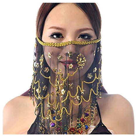 Wuchieal Bauchtanz Gesichtsschleier Mit Pailletten Halloween Kostüm Zubehör Damen Festival Kleidung (Schwarz)