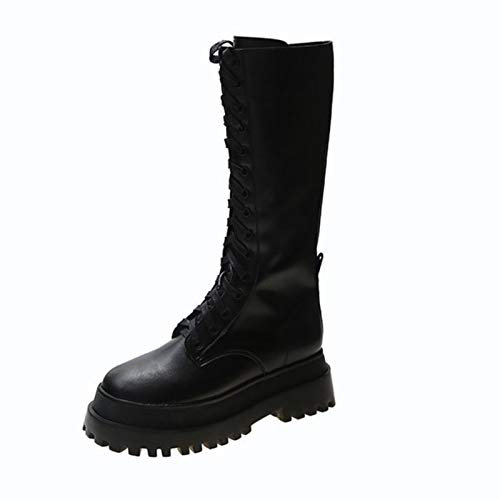 DQS Botas de Cuero con Fondo Grueso Mujer Negro Media Pantorrilla Punta Redonda Plataforma Pisos Cremallera Zapatos de Invierno con Cordones