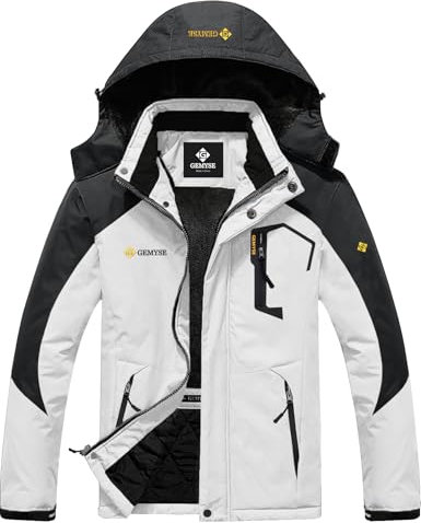 GEMYSE Herren wasserdichte Berg-Skijacke Winddichte Fleece Outdoor-Winterjacke mit Kapuze (Weiß Dunkelgrau,2XL)