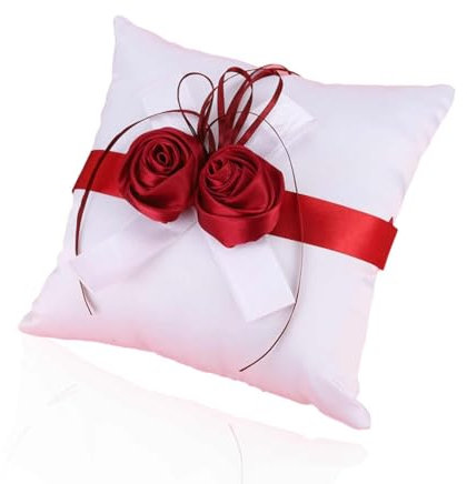HERCHR Oreiller de Bague de Mariage, Coussin pour Bagues Mariage Coussin D’ alliances Oreiller Anneau de Mariage avec Ruban de Fleur de Rose, 20x20cm