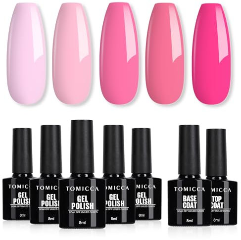 TOMICCA Gel Nail Polish Set, 2pcs Base Coat and Top Coat Set & 5 Colors Nude Pink Gel Polish, 7×8ml Soak Off UV Gel Nail Varnish Lacquer Manicure Set, Nail Art DIY Manicure Salon and Home for Women