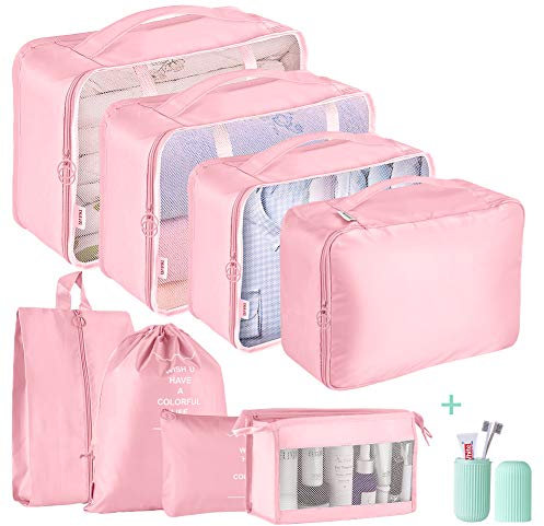 Okiuen Packing Cubes Koffer Organizer Set 9-Teilig Kofferorganizer Reisetasche travel Organizer Wasserdichte Packtaschen Rucksack Kleidertaschen für Kleidung Unterwäsche Kosmetik, Rosa