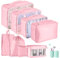 Okiuen Packing Cubes Koffer Organizer Set 9-Teilig Kofferorganizer Reisetasche travel Organizer Wasserdichte Packtaschen Rucksack Kleidertaschen für Kleidung Unterwäsche Kosmetik, Rosa