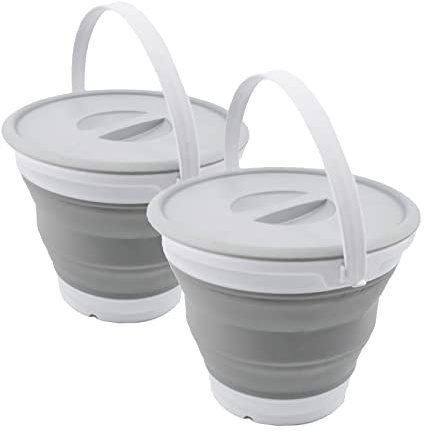 SAMMART 5.5L Collapsible Plastic Bucket with Lid - Foldable Round Tub with Lid - Portable Fishing Water Pail - Space Saving Outdoor Waterpot. (White/Grey (Set of 2))