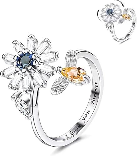 RIXERKOC Fidget Rings für Frauen Mädchen, Spinner Ring offen einstellbar Stress Relieving Ring, Sonnenblume Gänseblümchen Schmetterling Stern Mond Angst Relief Spinnerei Ringe