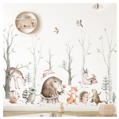 DEKO KINDERZIMMER Wandsticker XXL Waldtiere mit Baum Wandtattoo für Babyzimmer Wandaufkleber Kinderzimmer Wanddeko DK1117-04