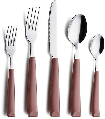 Annova Stainless Steel Cutlery Set with Color Handles - Dinner Forks, Salad Forks, Table Knives, Tablespoons, Teaspoons - Service for 4 (Brown)